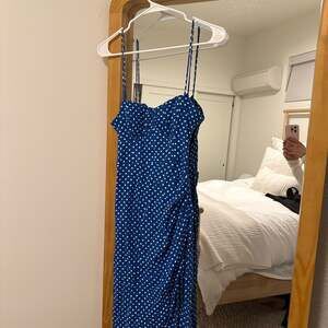 ZARA Polka Dot Linen & Viscose Blend Corset Midi Dress Blue/White
